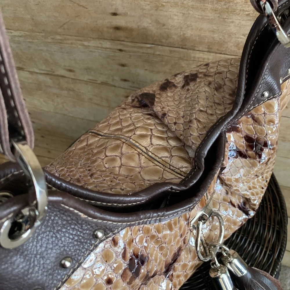 Vin Baker Faux Python Hobo Bag Brown Snake Embossed Tassel Shoulder Bag